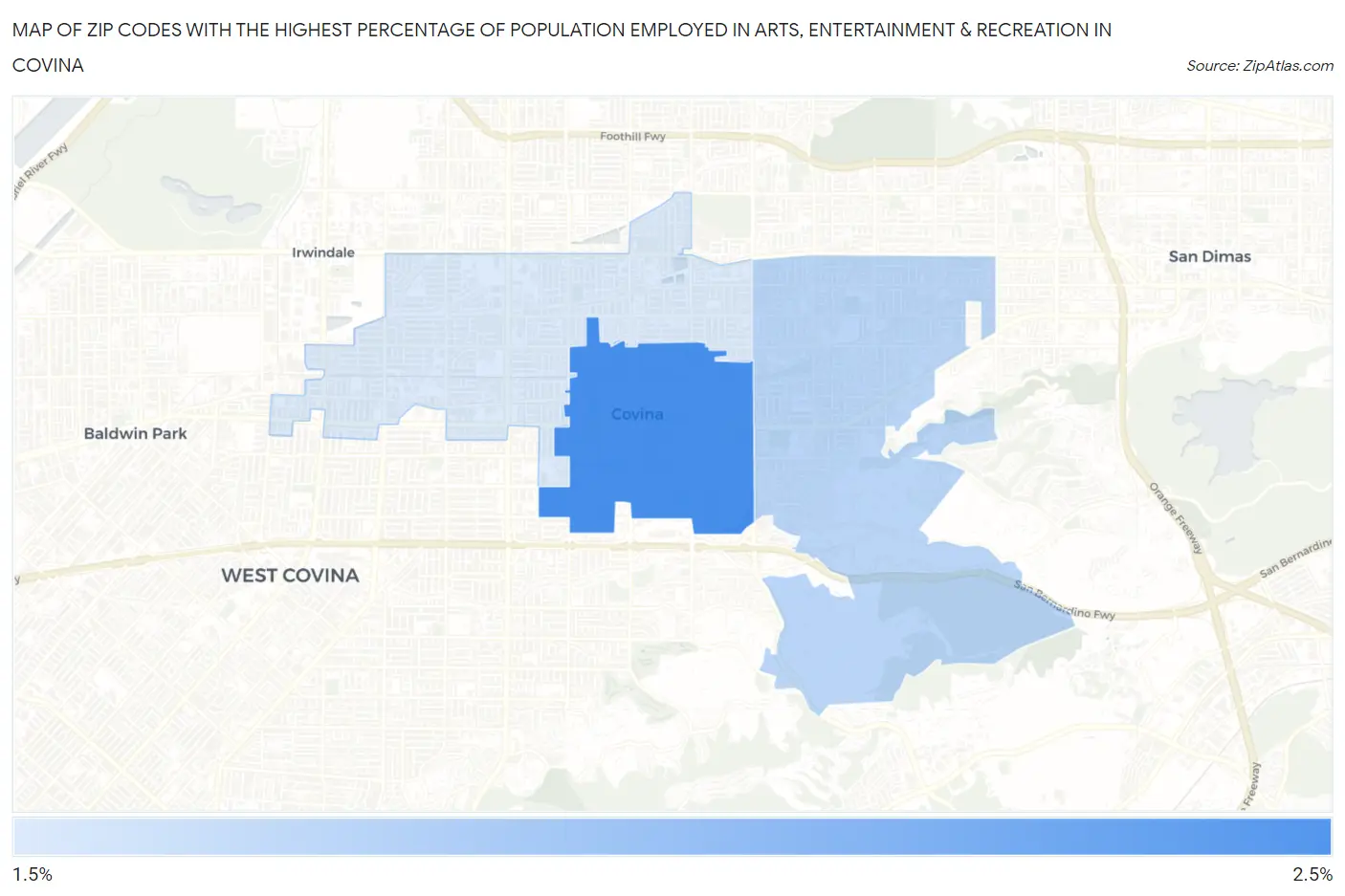 Zip Codes with the Highest Percentage of Population Employed in Arts, Entertainment & Recreation in Covina Map