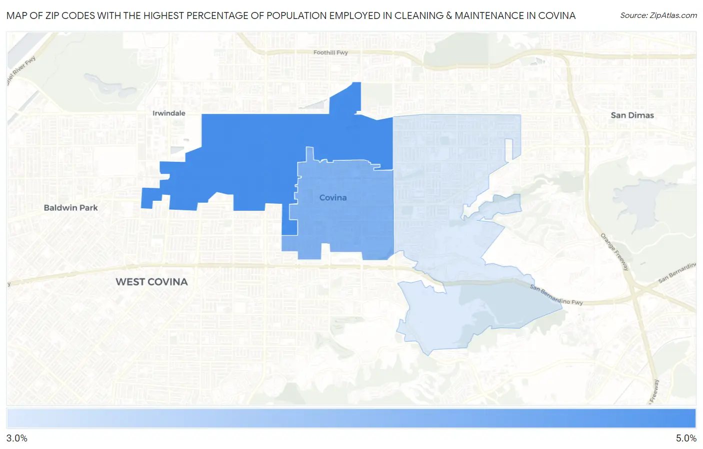 Zip Codes with the Highest Percentage of Population Employed in Cleaning & Maintenance in Covina Map