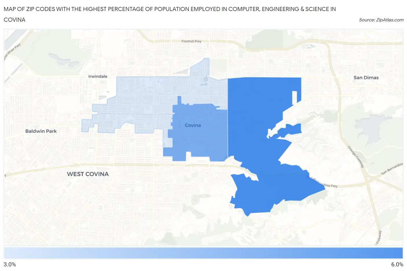 Zip Codes with the Highest Percentage of Population Employed in Computer, Engineering & Science in Covina Map