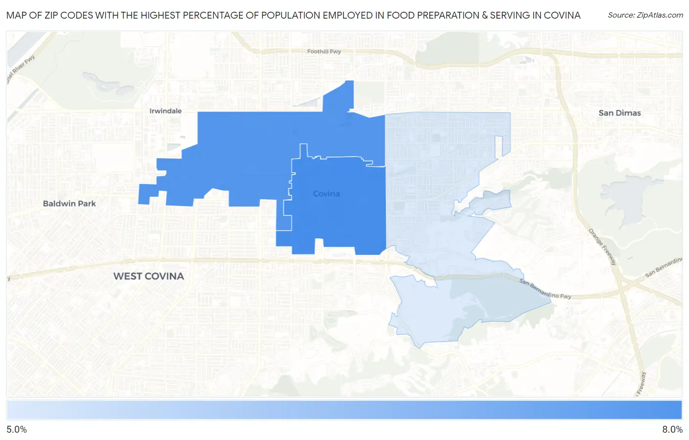 Zip Codes with the Highest Percentage of Population Employed in Food Preparation & Serving in Covina Map