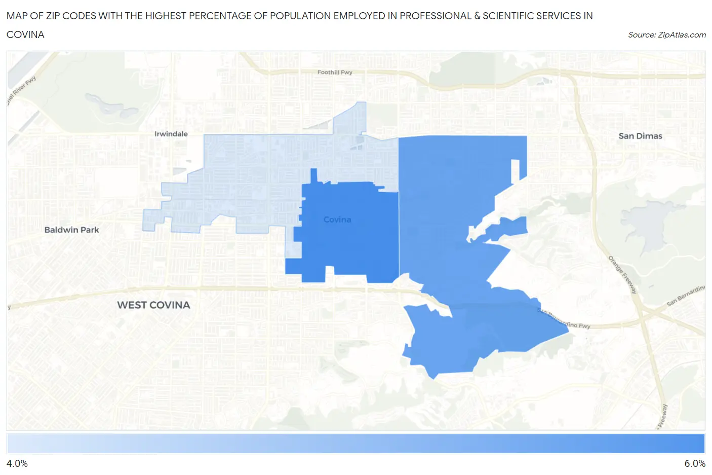 Zip Codes with the Highest Percentage of Population Employed in Professional & Scientific Services in Covina Map