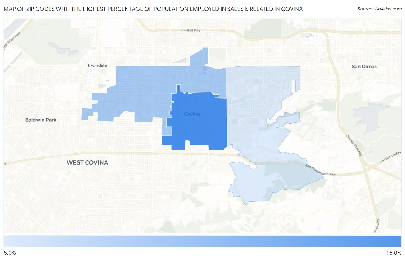 Zip Codes with the Highest Percentage of Population Employed in Sales & Related in Covina Map