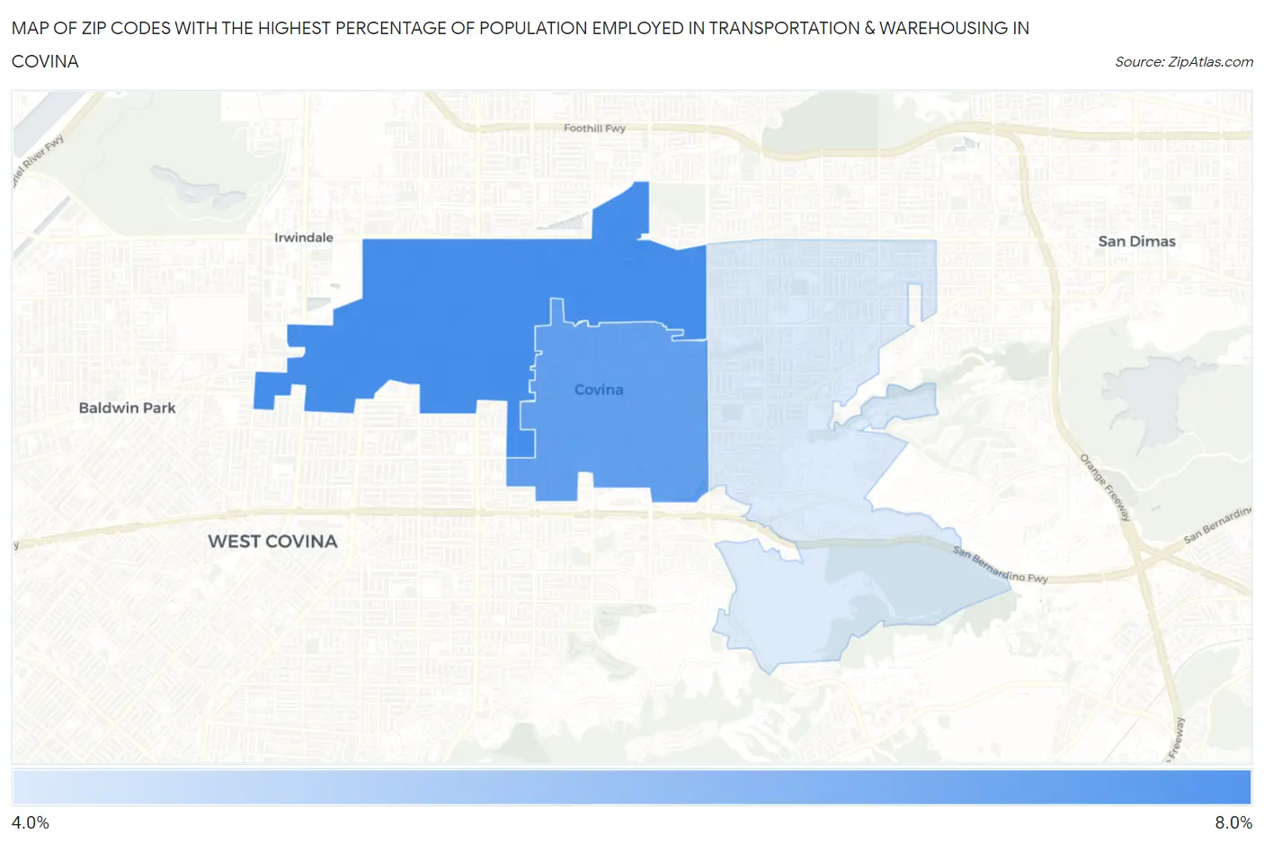 Zip Codes with the Highest Percentage of Population Employed in Transportation & Warehousing in Covina Map