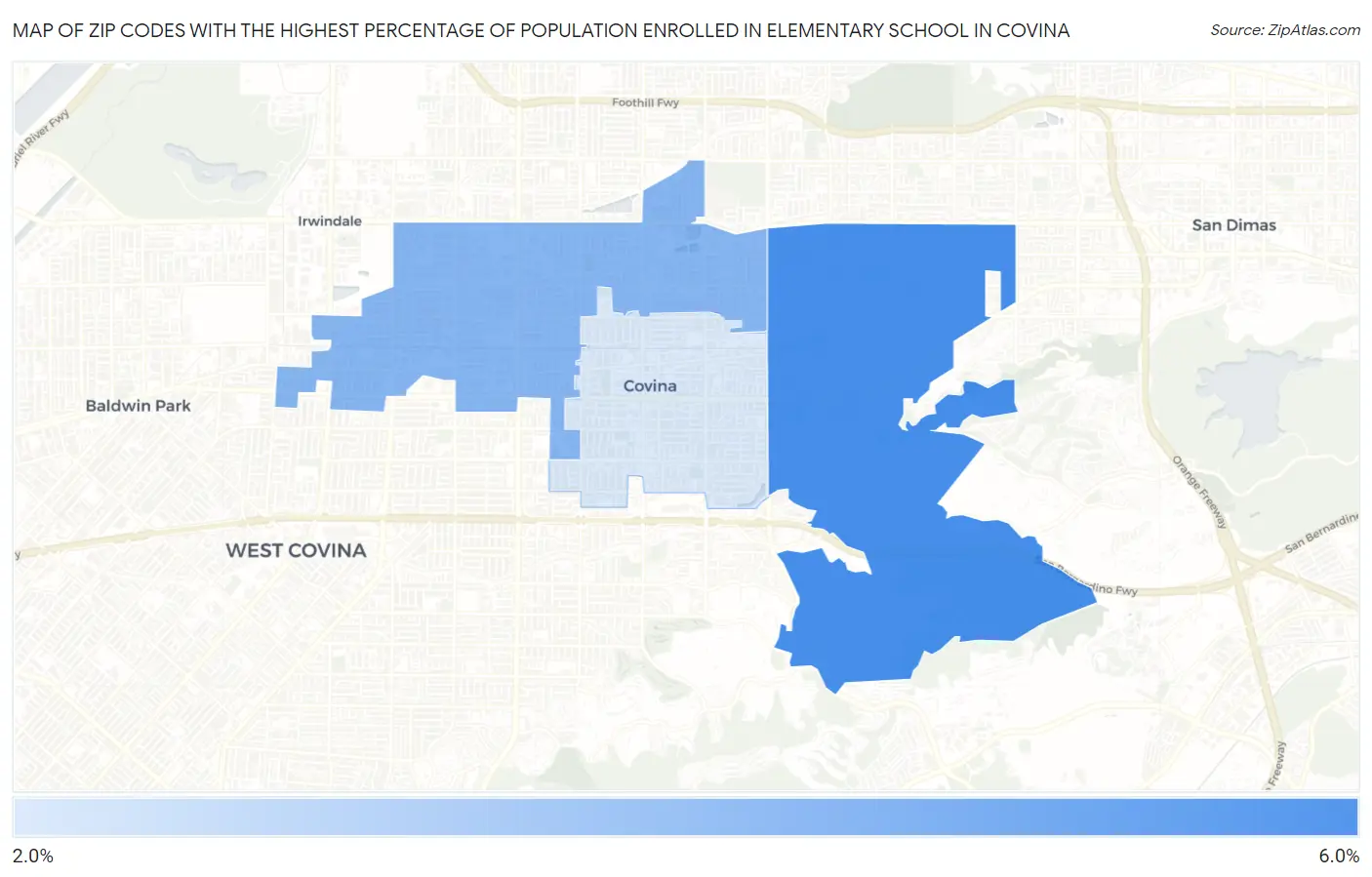 Zip Codes with the Highest Percentage of Population Enrolled in Elementary School in Covina Map