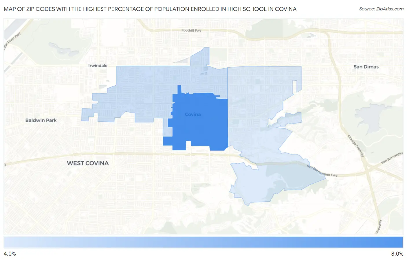 Zip Codes with the Highest Percentage of Population Enrolled in High School in Covina Map