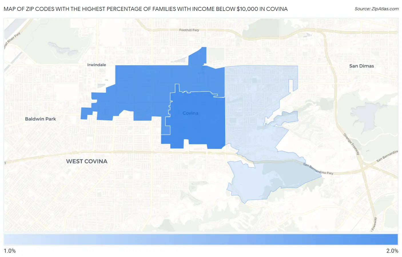 Zip Codes with the Highest Percentage of Families with Income Below $10,000 in Covina Map