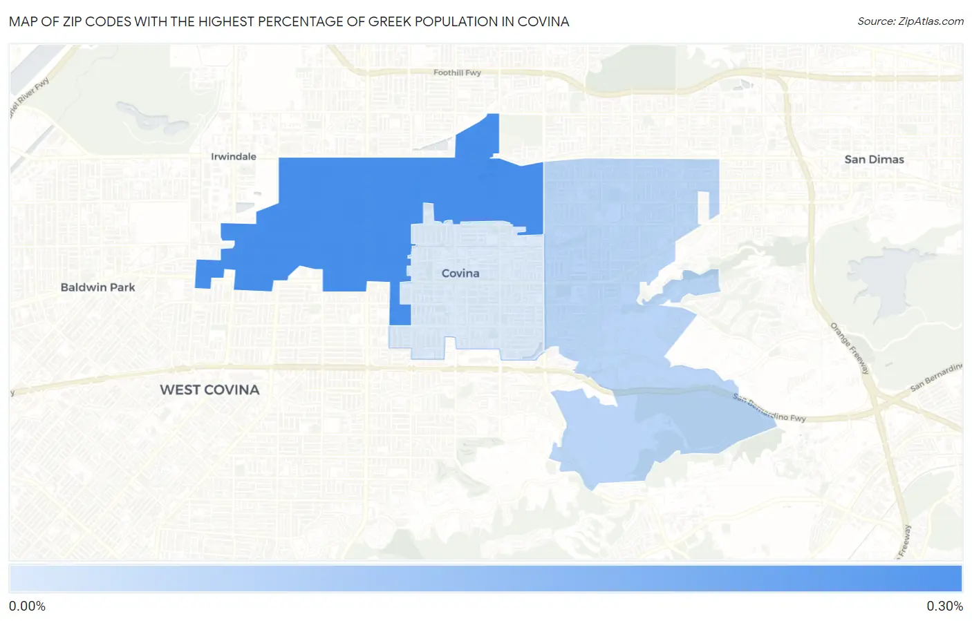 Zip Codes with the Highest Percentage of Greek Population in Covina Map