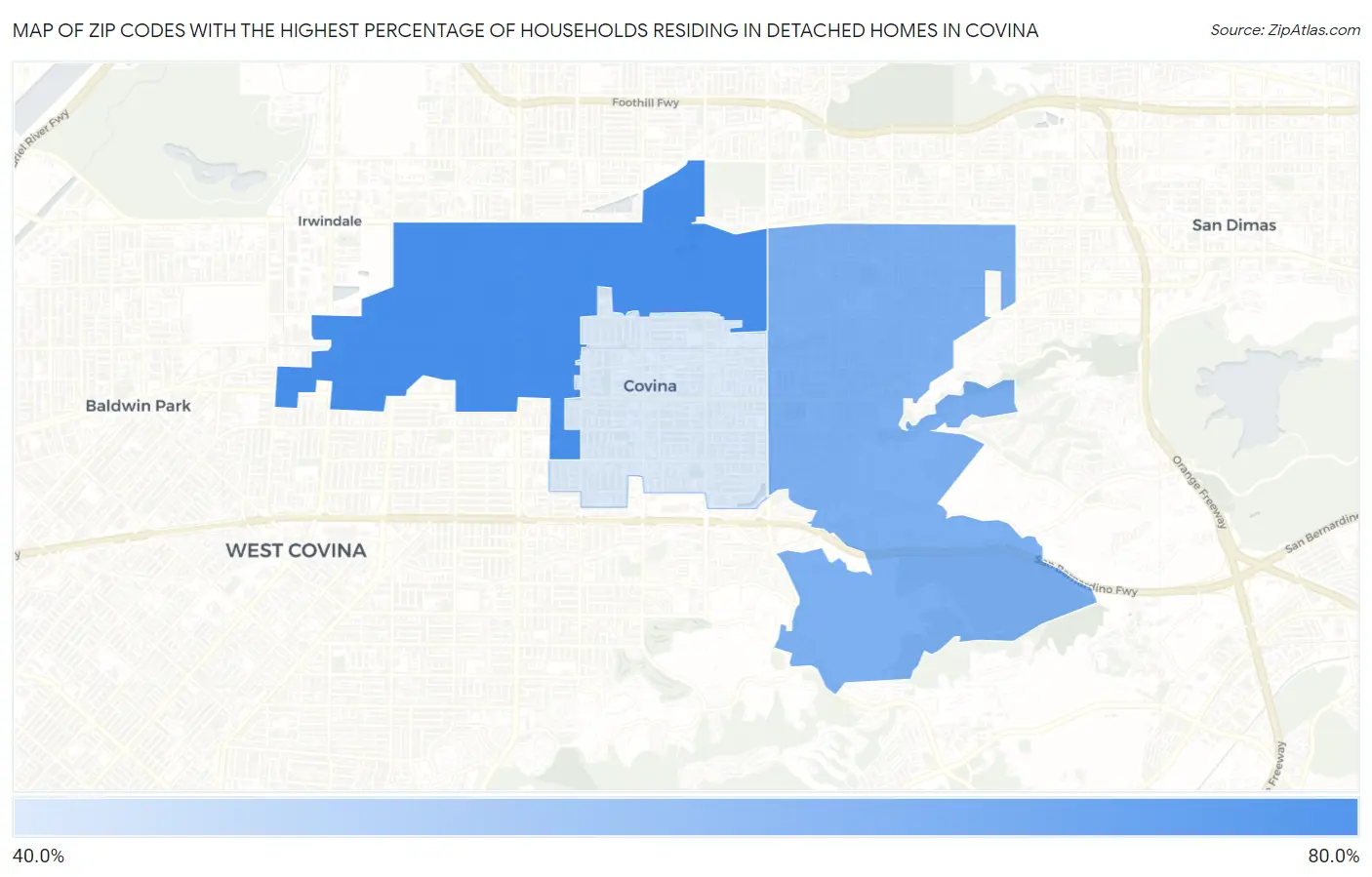 Zip Codes with the Highest Percentage of Households Residing in Detached Homes in Covina Map
