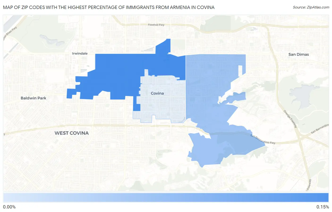 Zip Codes with the Highest Percentage of Immigrants from Armenia in Covina Map