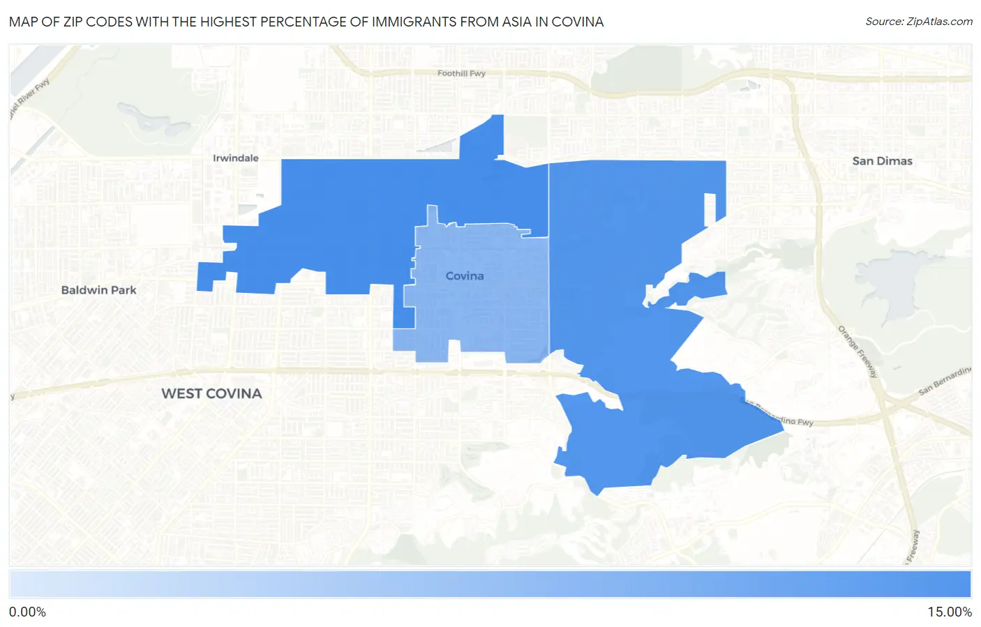 Zip Codes with the Highest Percentage of Immigrants from Asia in Covina Map