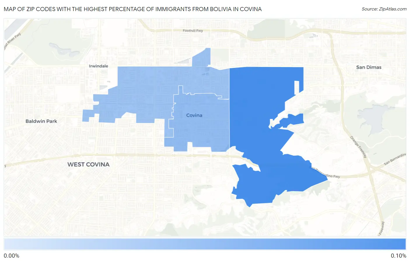 Zip Codes with the Highest Percentage of Immigrants from Bolivia in Covina Map