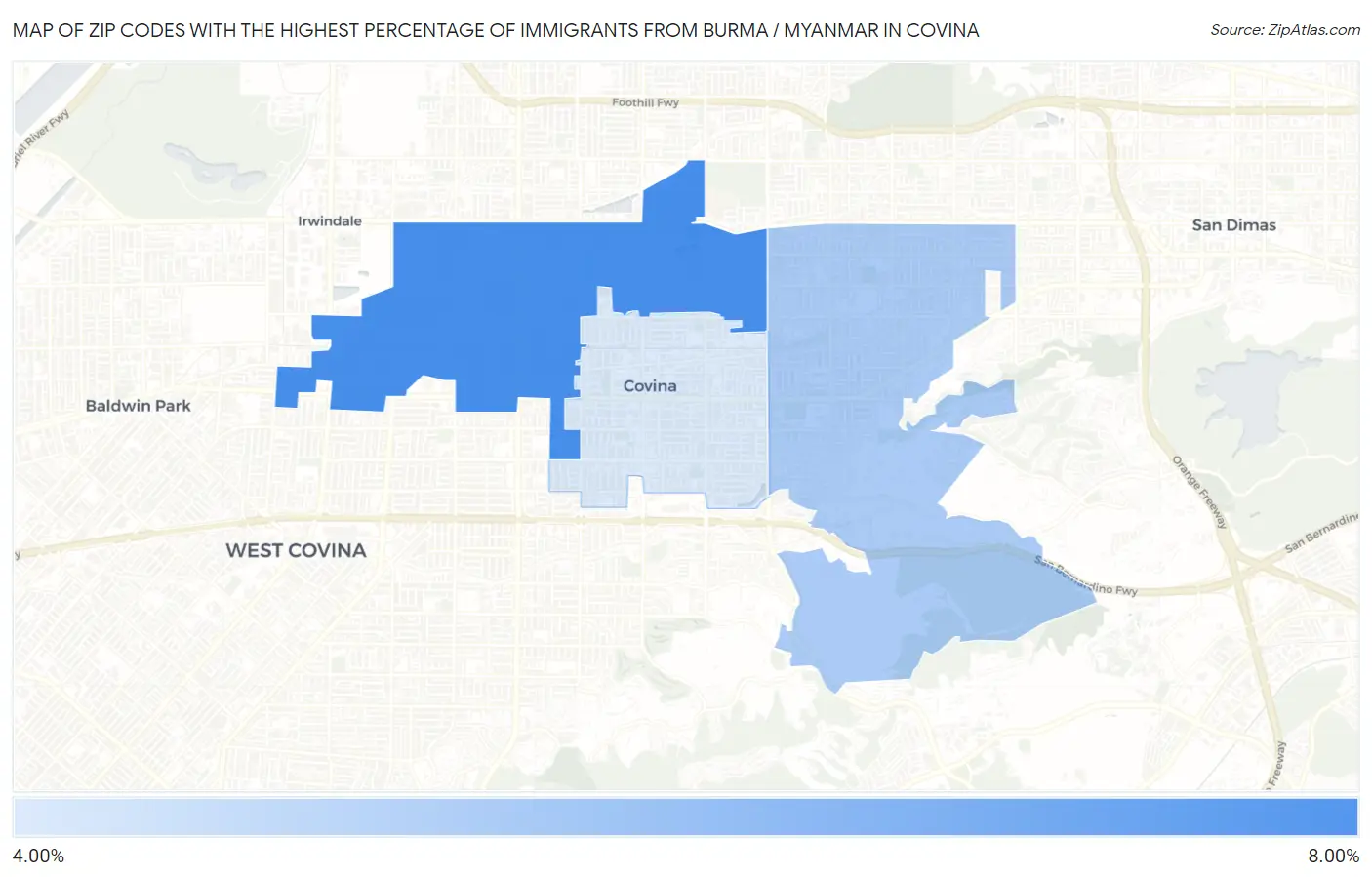 Zip Codes with the Highest Percentage of Immigrants from Burma / Myanmar in Covina Map