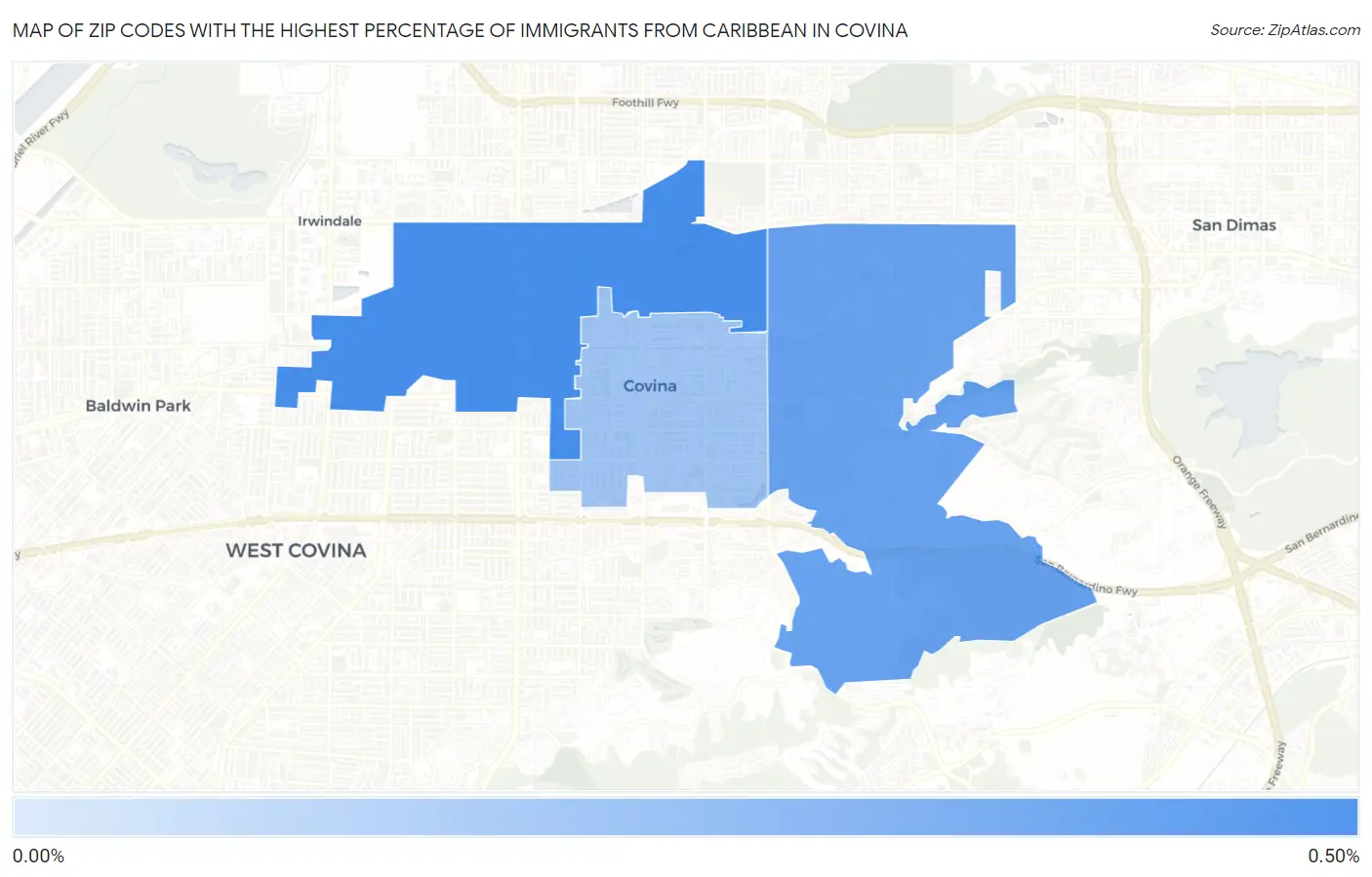 Zip Codes with the Highest Percentage of Immigrants from Caribbean in Covina Map