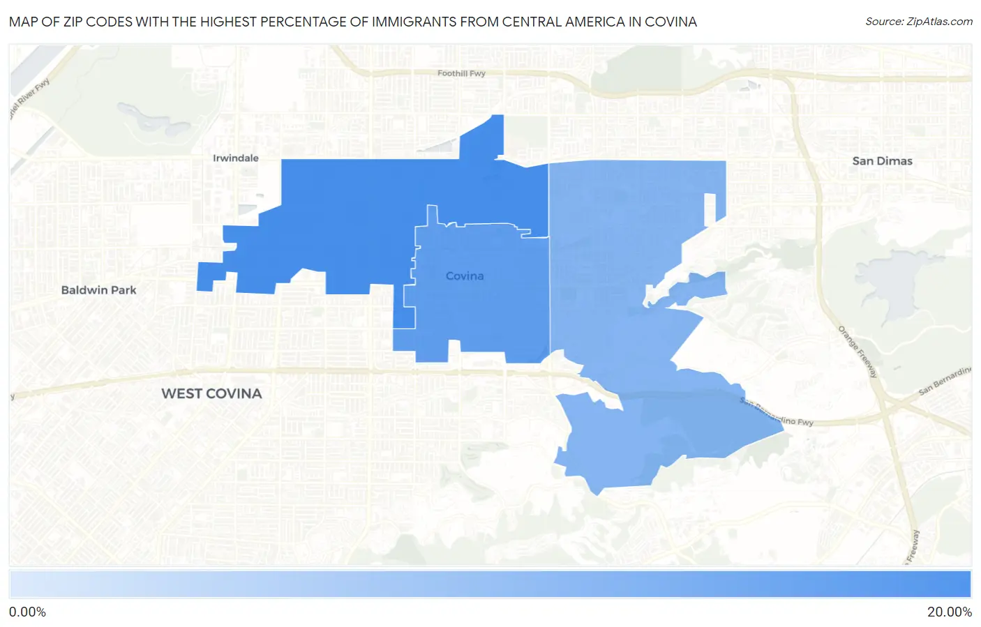 Zip Codes with the Highest Percentage of Immigrants from Central America in Covina Map