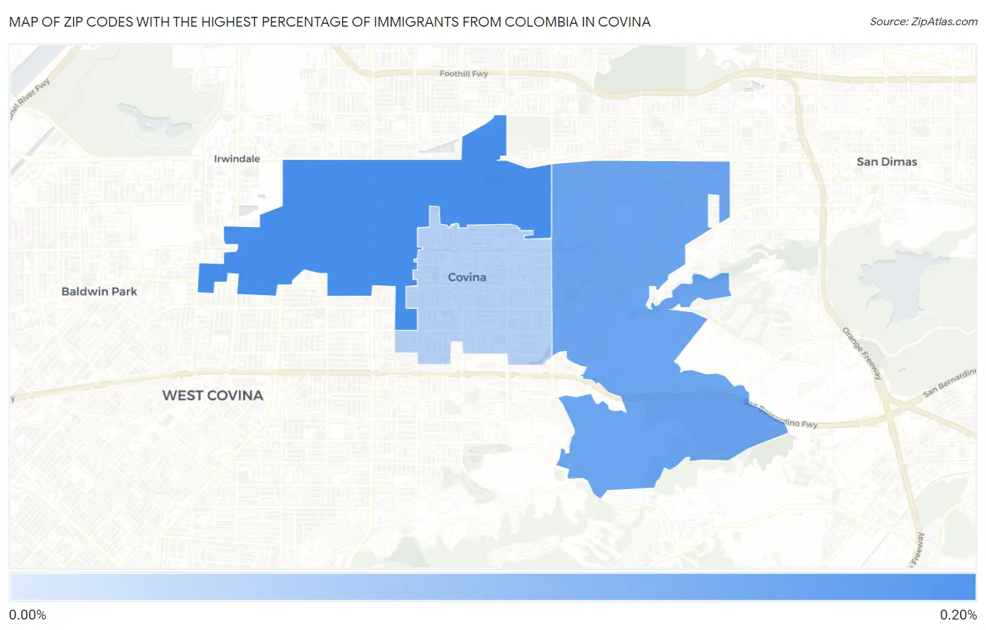 Zip Codes with the Highest Percentage of Immigrants from Colombia in Covina Map