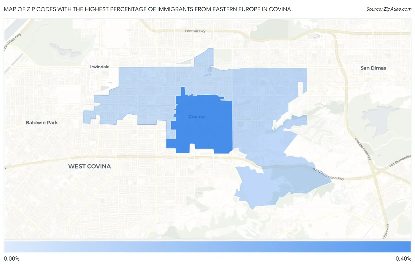 Zip Codes with the Highest Percentage of Immigrants from Eastern Europe in Covina Map