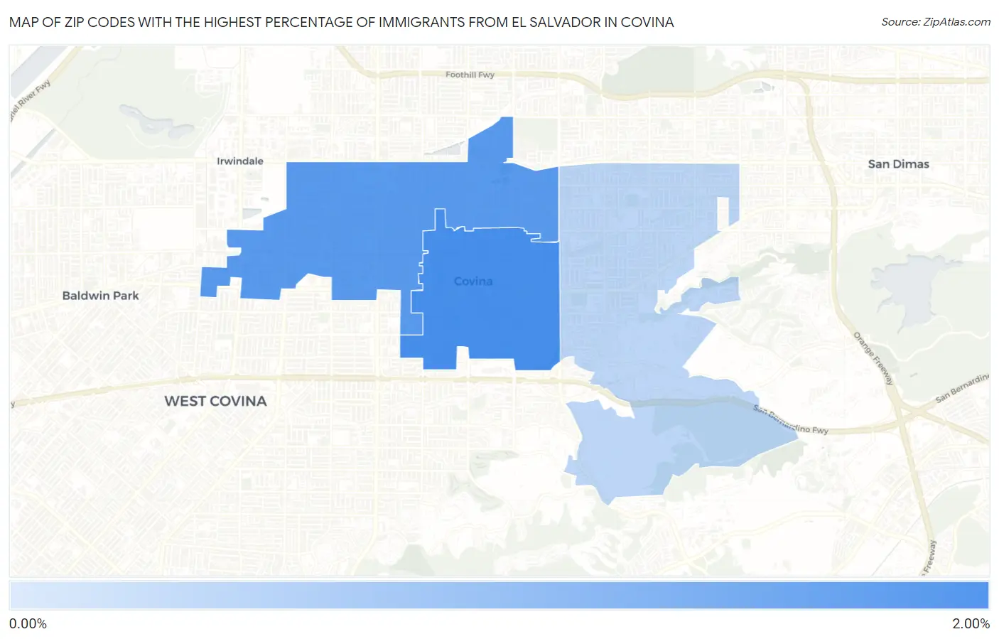 Zip Codes with the Highest Percentage of Immigrants from El Salvador in Covina Map