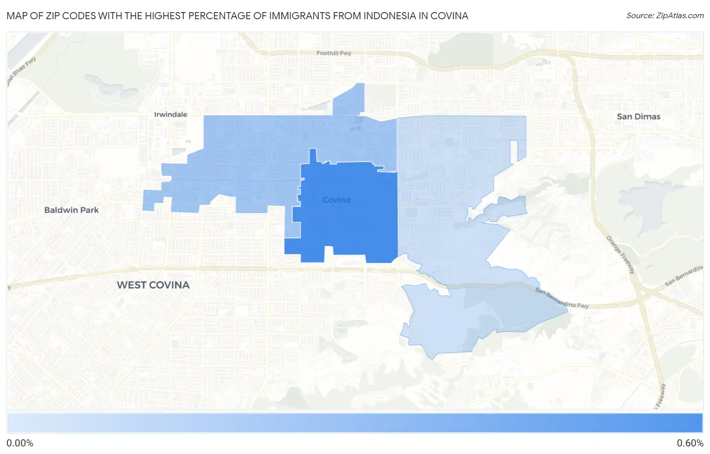Zip Codes with the Highest Percentage of Immigrants from Indonesia in Covina Map