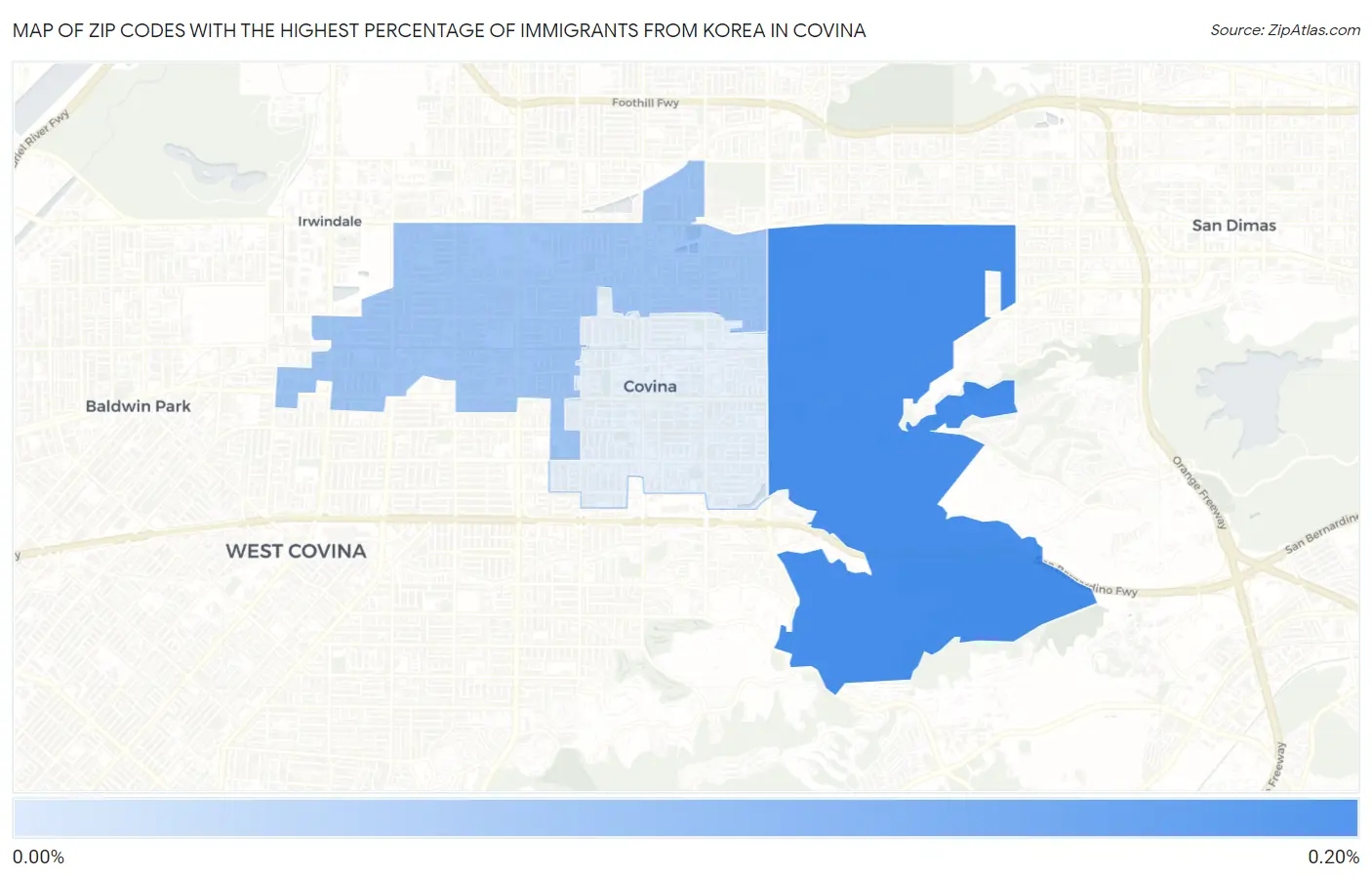 Zip Codes with the Highest Percentage of Immigrants from Korea in Covina Map