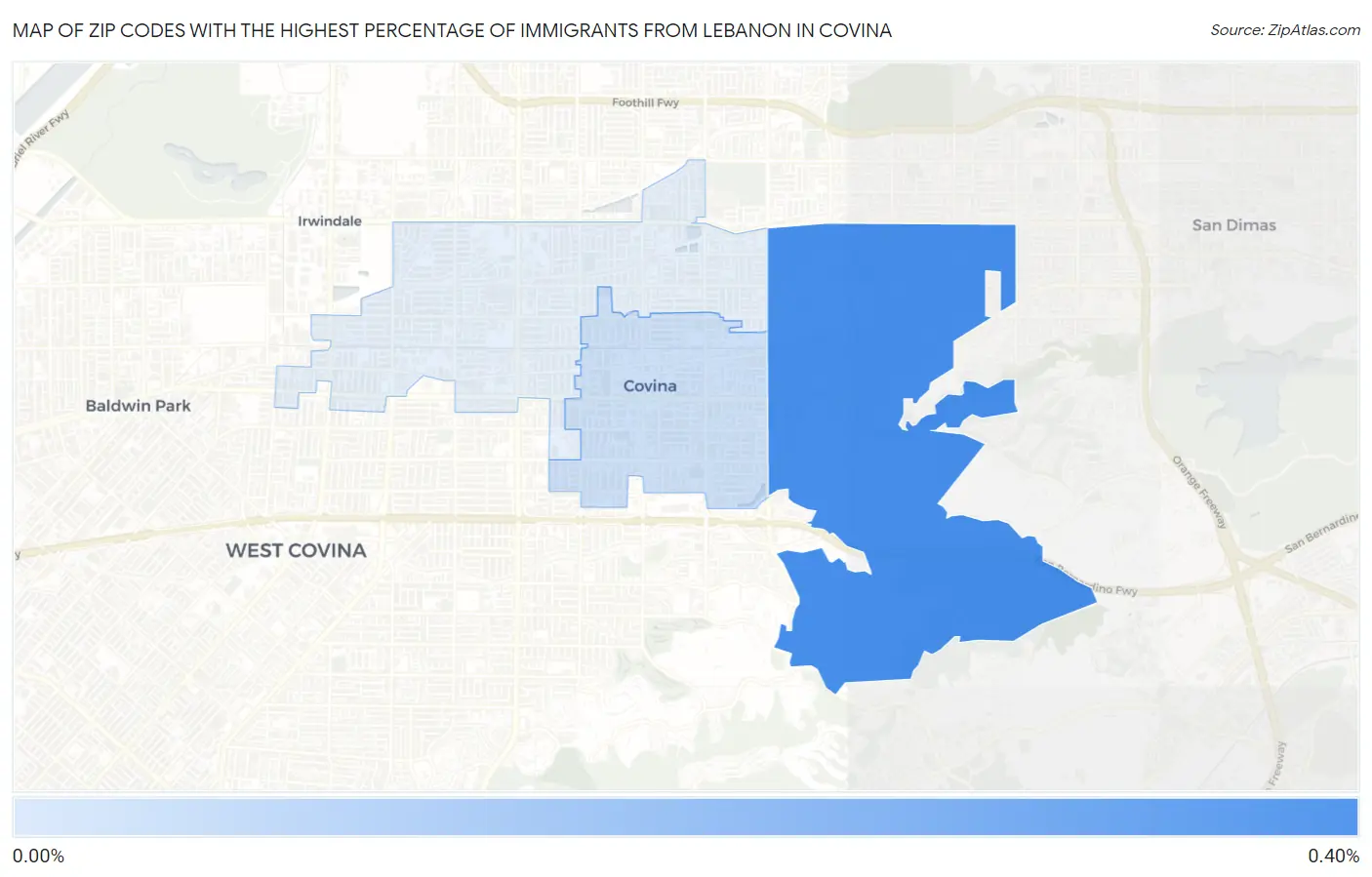 Zip Codes with the Highest Percentage of Immigrants from Lebanon in Covina Map