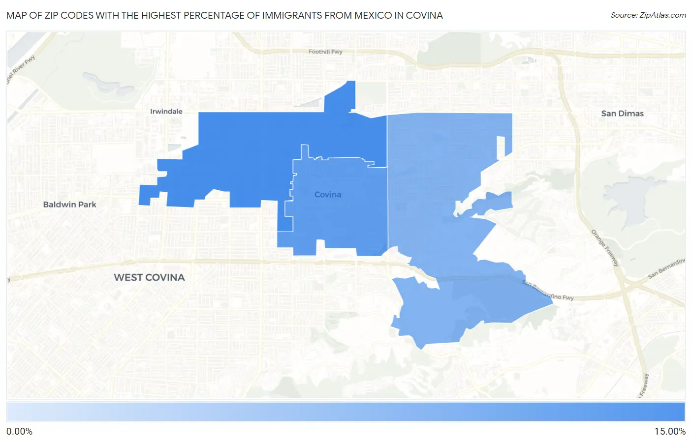 Zip Codes with the Highest Percentage of Immigrants from Mexico in Covina Map