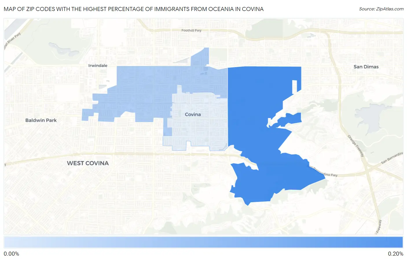 Zip Codes with the Highest Percentage of Immigrants from Oceania in Covina Map