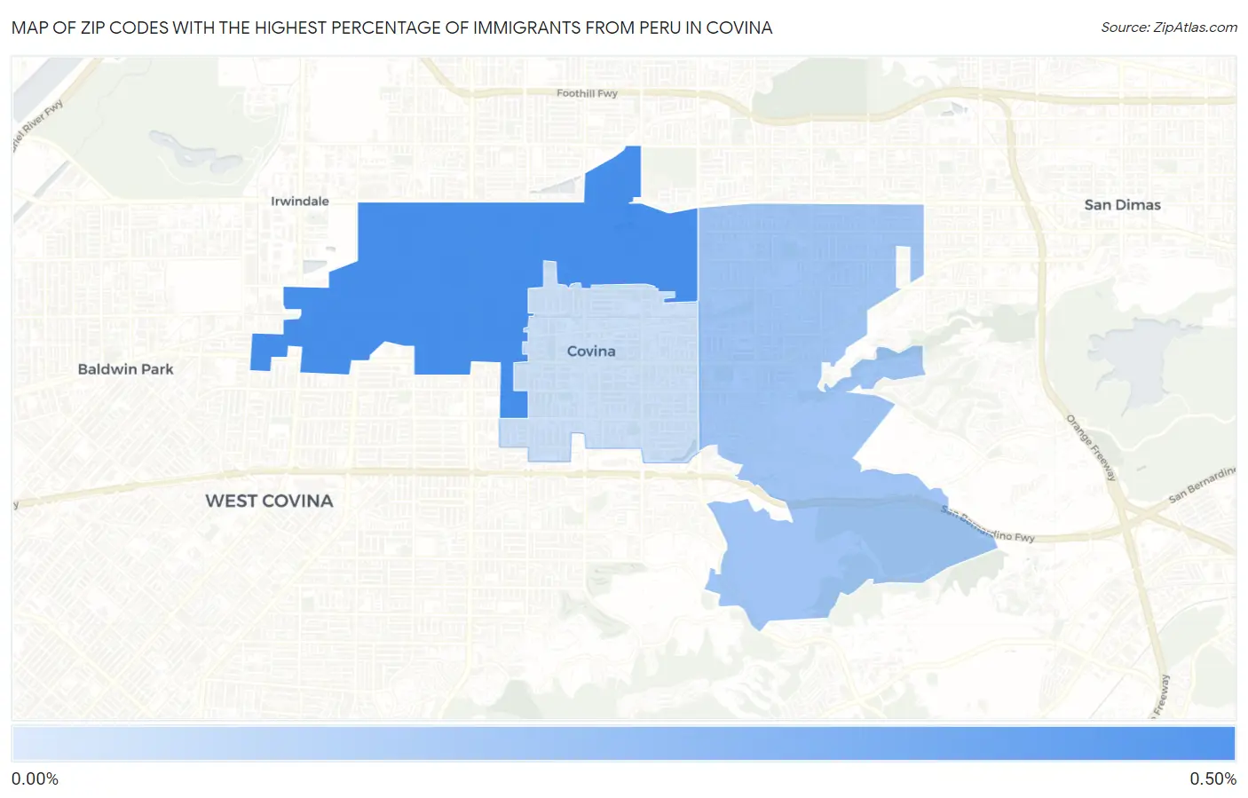 Zip Codes with the Highest Percentage of Immigrants from Peru in Covina Map