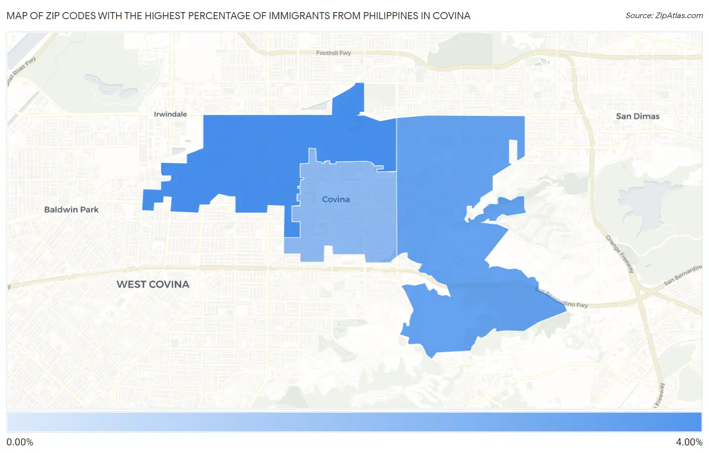 Zip Codes with the Highest Percentage of Immigrants from Philippines in Covina Map