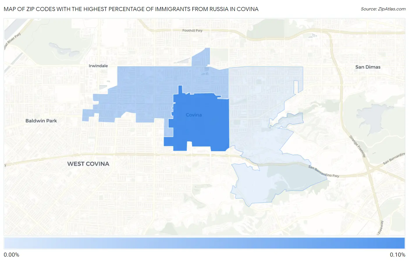 Zip Codes with the Highest Percentage of Immigrants from Russia in Covina Map