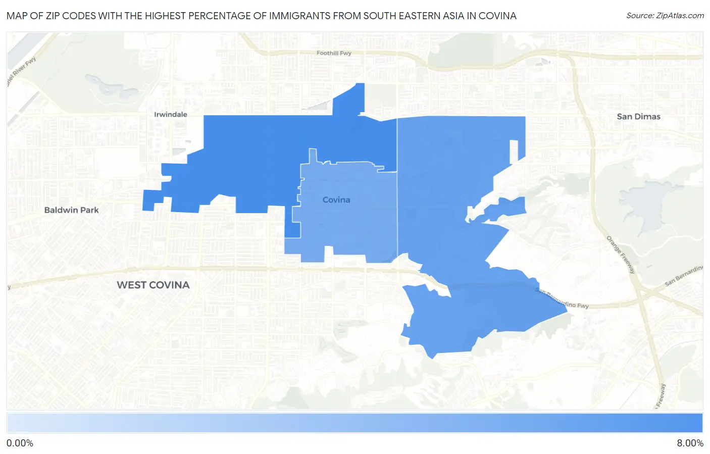 Zip Codes with the Highest Percentage of Immigrants from South Eastern Asia in Covina Map
