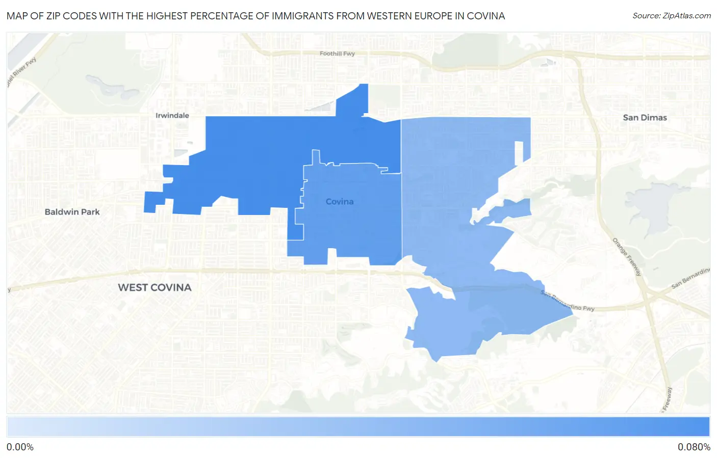Zip Codes with the Highest Percentage of Immigrants from Western Europe in Covina Map
