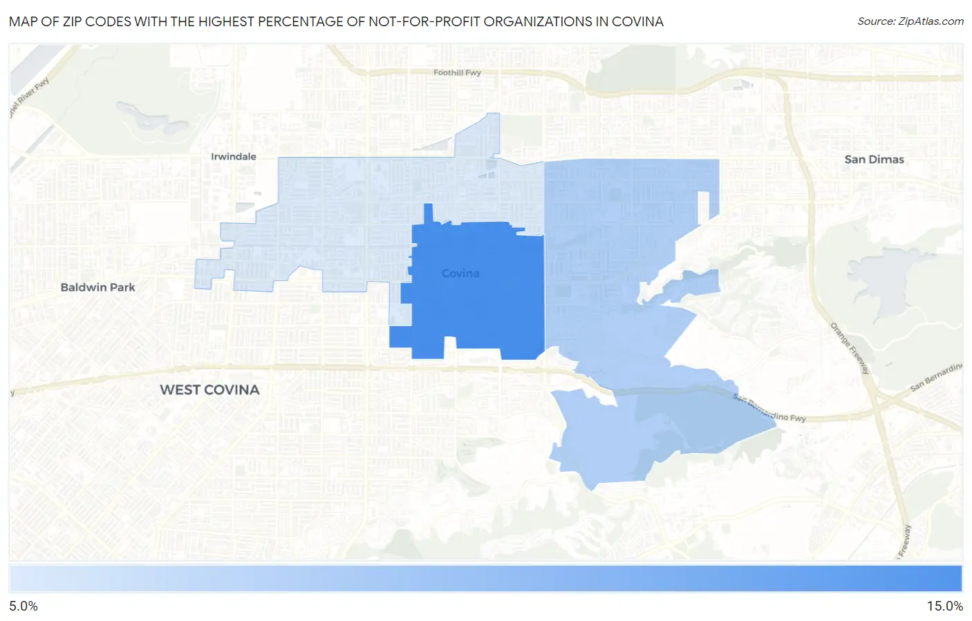 Zip Codes with the Highest Percentage of Not-for-profit Organizations in Covina Map