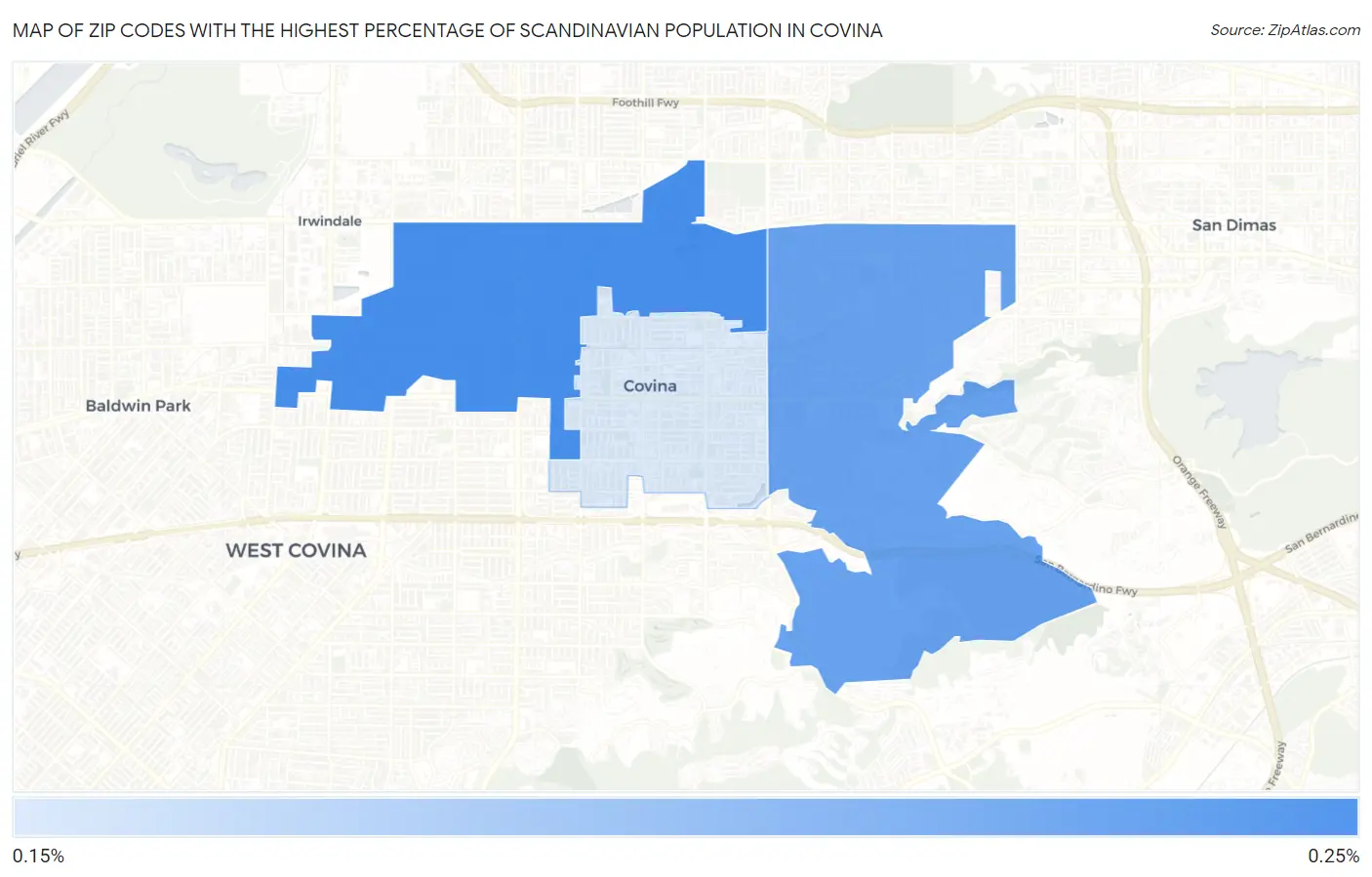 Zip Codes with the Highest Percentage of Scandinavian Population in Covina Map