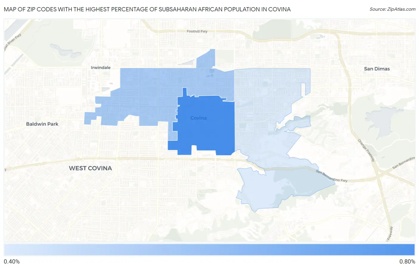 Zip Codes with the Highest Percentage of Subsaharan African Population in Covina Map