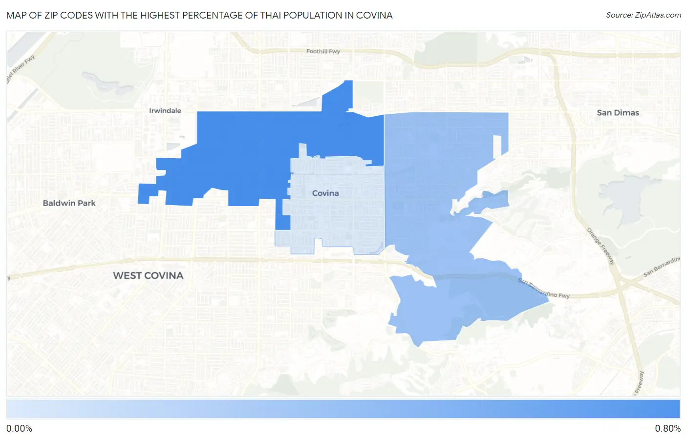 Zip Codes with the Highest Percentage of Thai Population in Covina Map