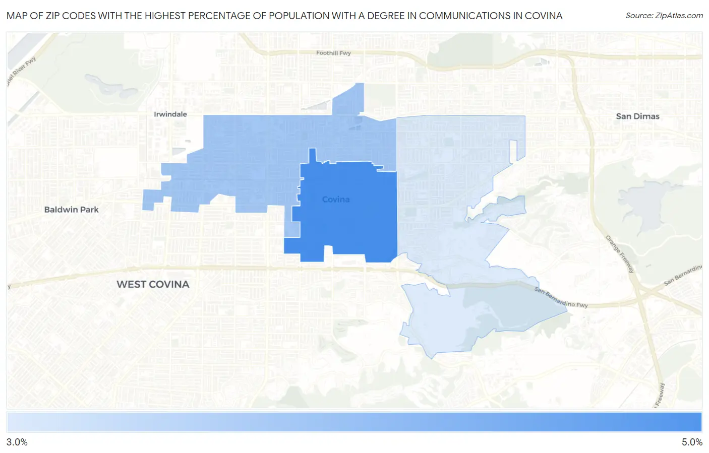 Zip Codes with the Highest Percentage of Population with a Degree in Communications in Covina Map