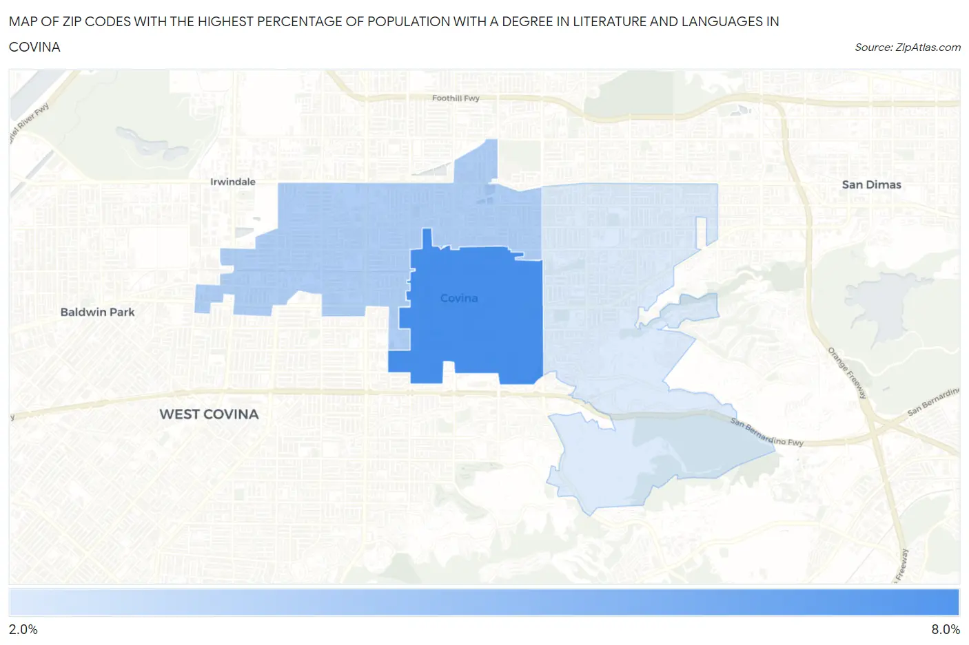 Zip Codes with the Highest Percentage of Population with a Degree in Literature and Languages in Covina Map
