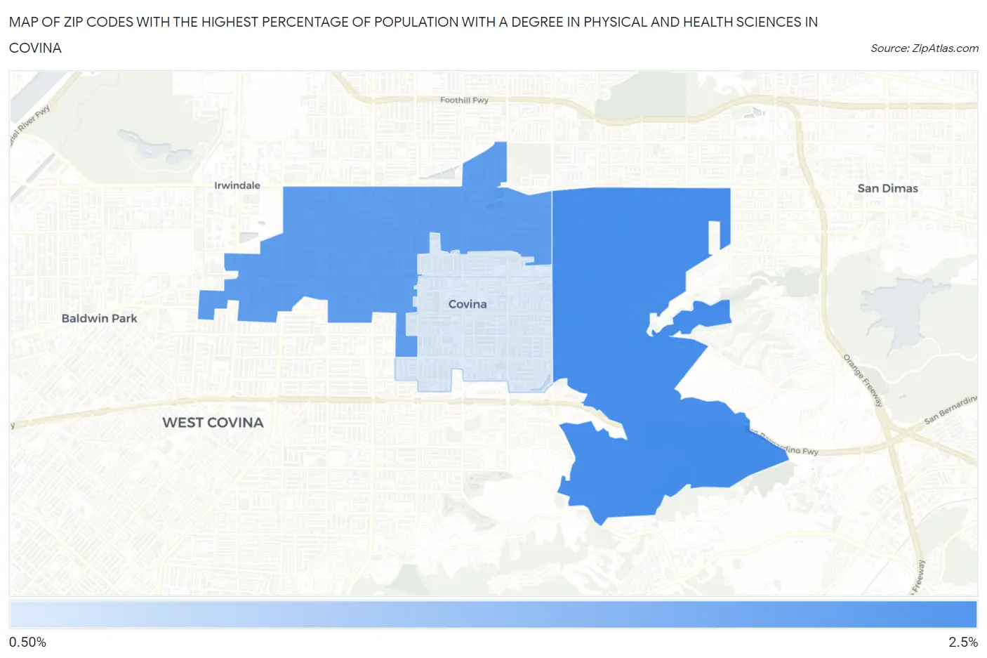 Zip Codes with the Highest Percentage of Population with a Degree in Physical and Health Sciences in Covina Map