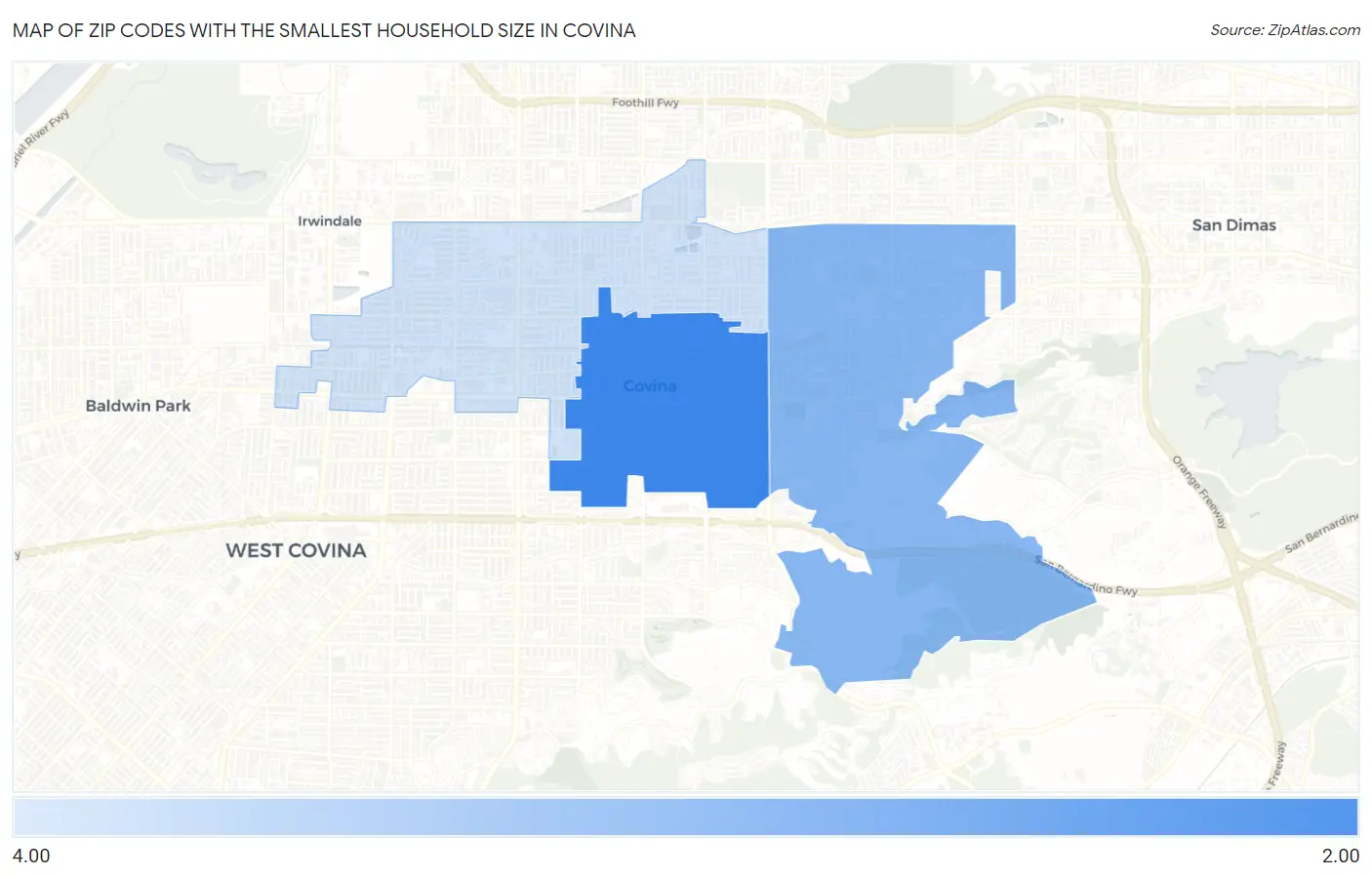 Zip Codes with the Smallest Household Size in Covina Map