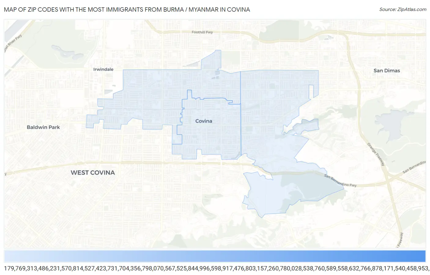 Zip Codes with the Most Immigrants from Burma / Myanmar in Covina Map