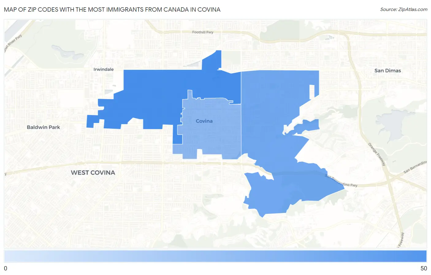 Zip Codes with the Most Immigrants from Canada in Covina Map