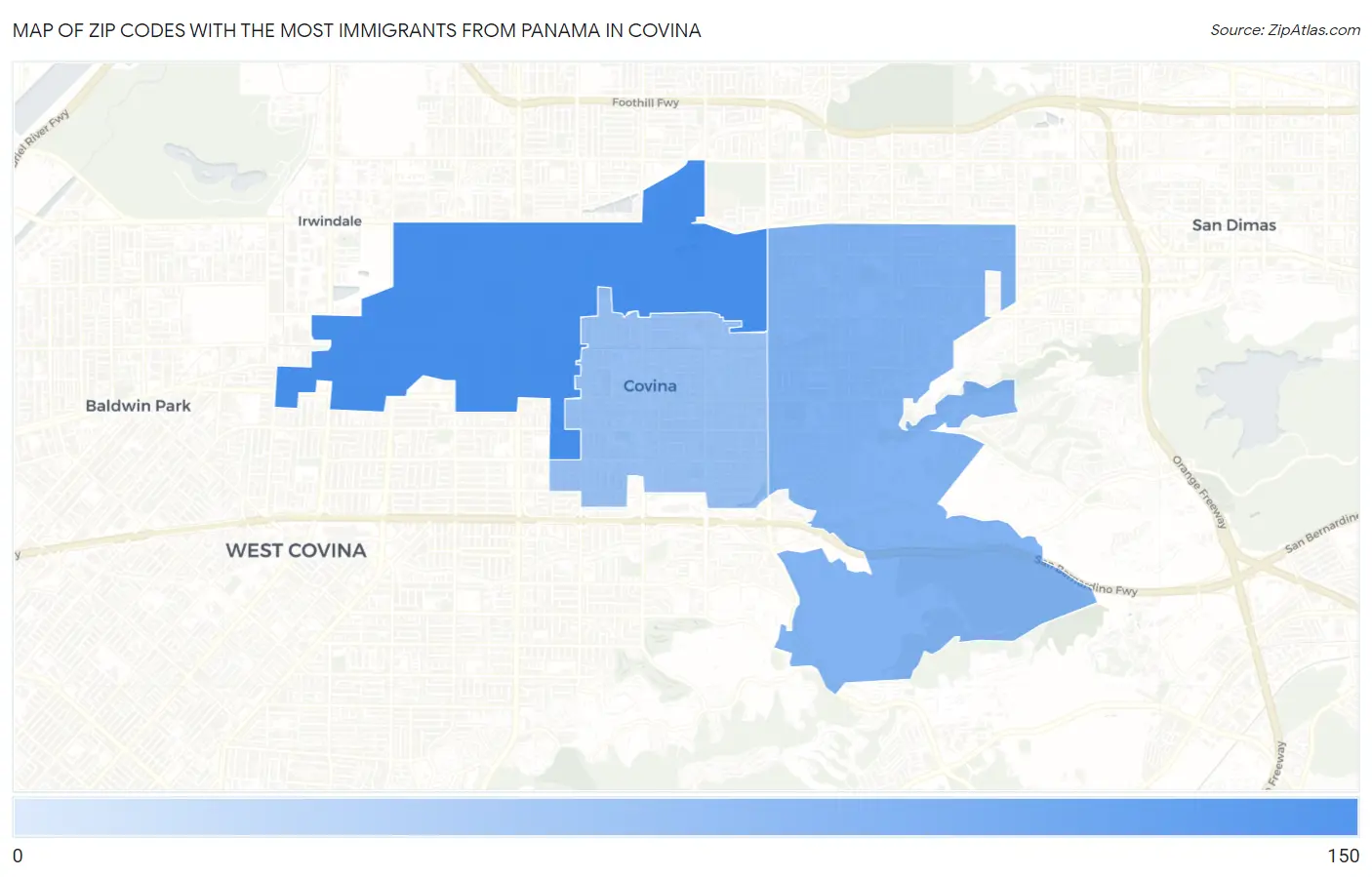 Zip Codes with the Most Immigrants from Panama in Covina Map