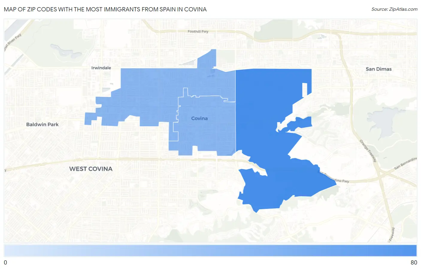 Zip Codes with the Most Immigrants from Spain in Covina Map