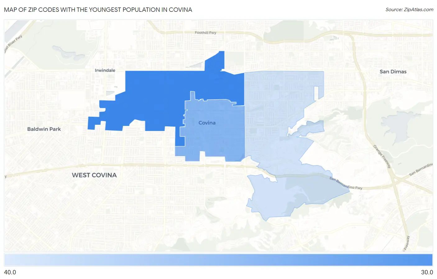 Zip Codes with the Youngest Population in Covina Map