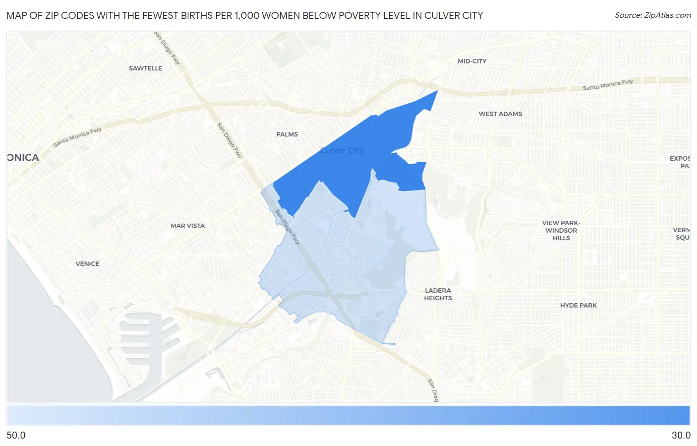 Zip Codes with the Fewest Births per 1,000 Women Below Poverty Level in Culver City Map