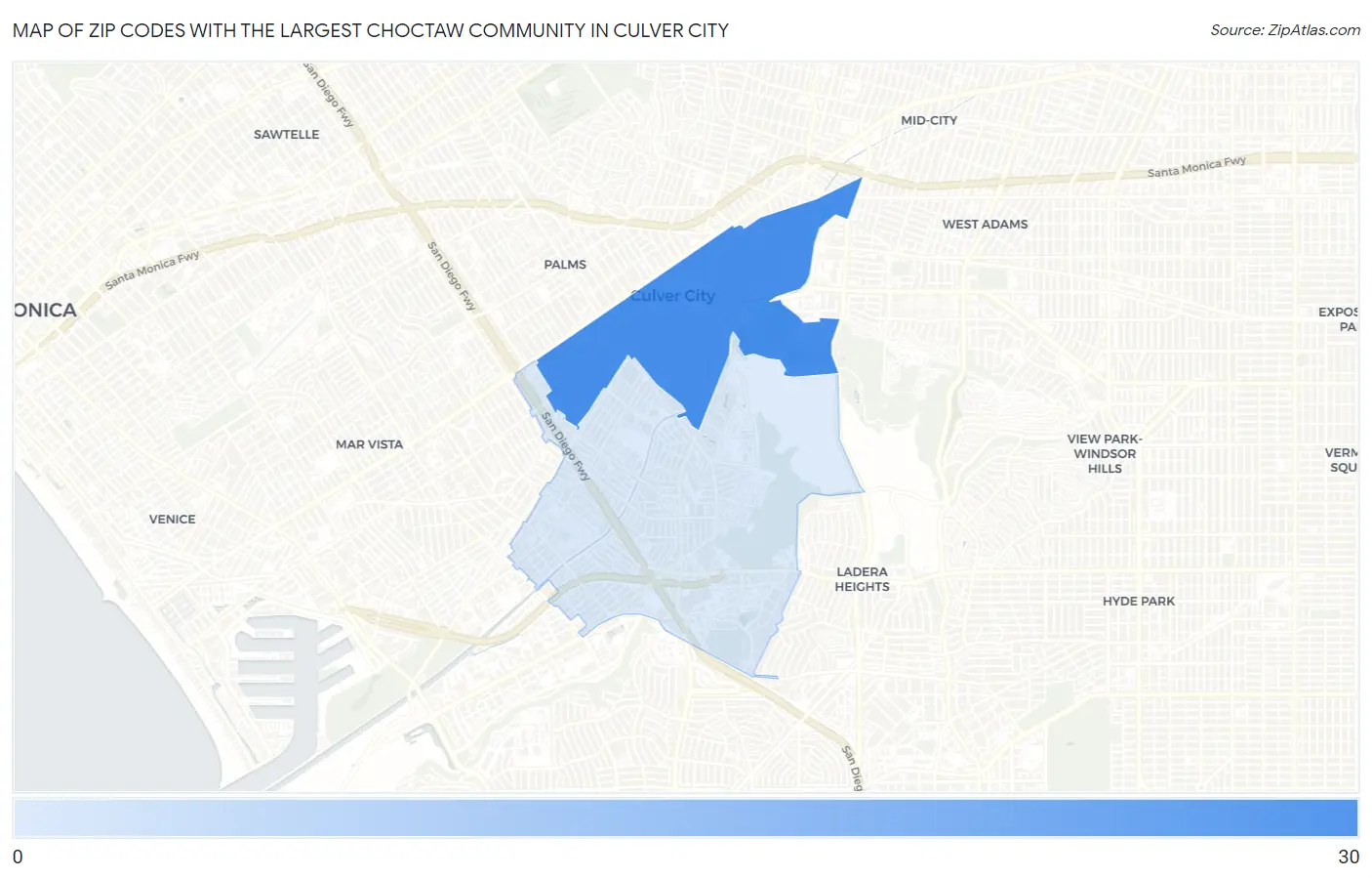 Zip Codes with the Largest Choctaw Community in Culver City Map