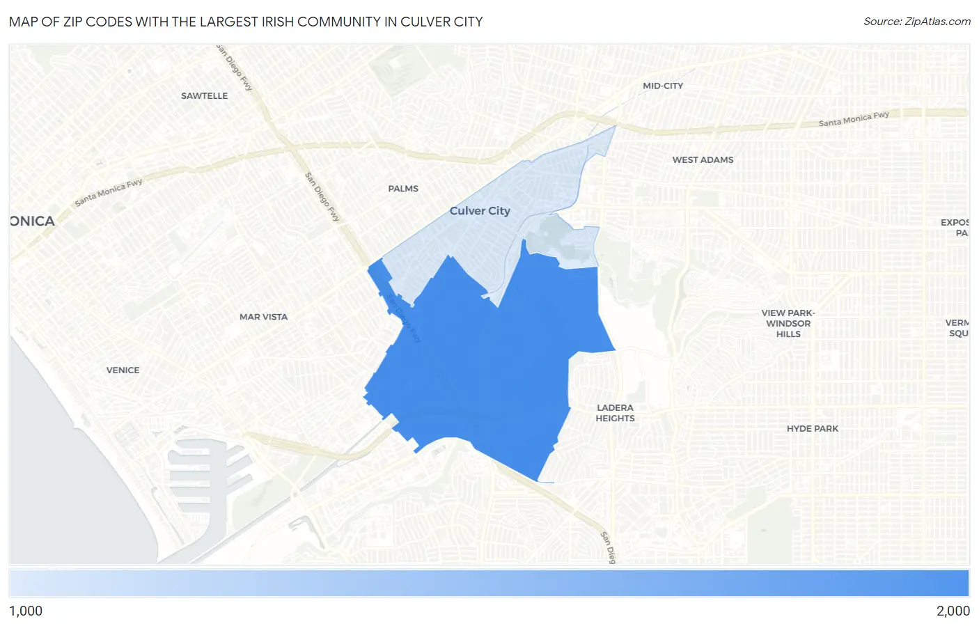 Zip Codes with the Largest Irish Community in Culver City Map