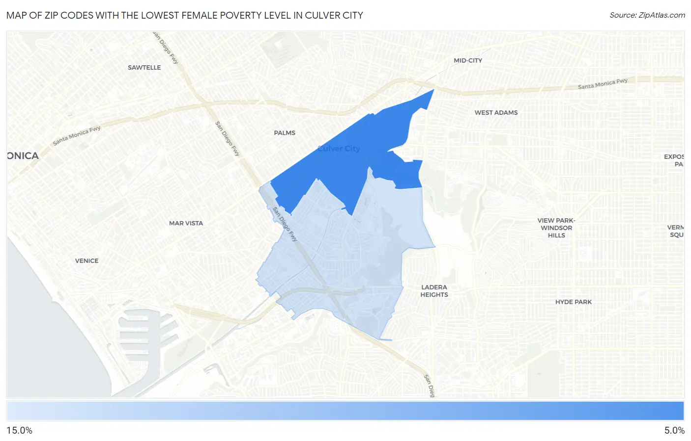 Zip Codes with the Lowest Female Poverty Level in Culver City Map