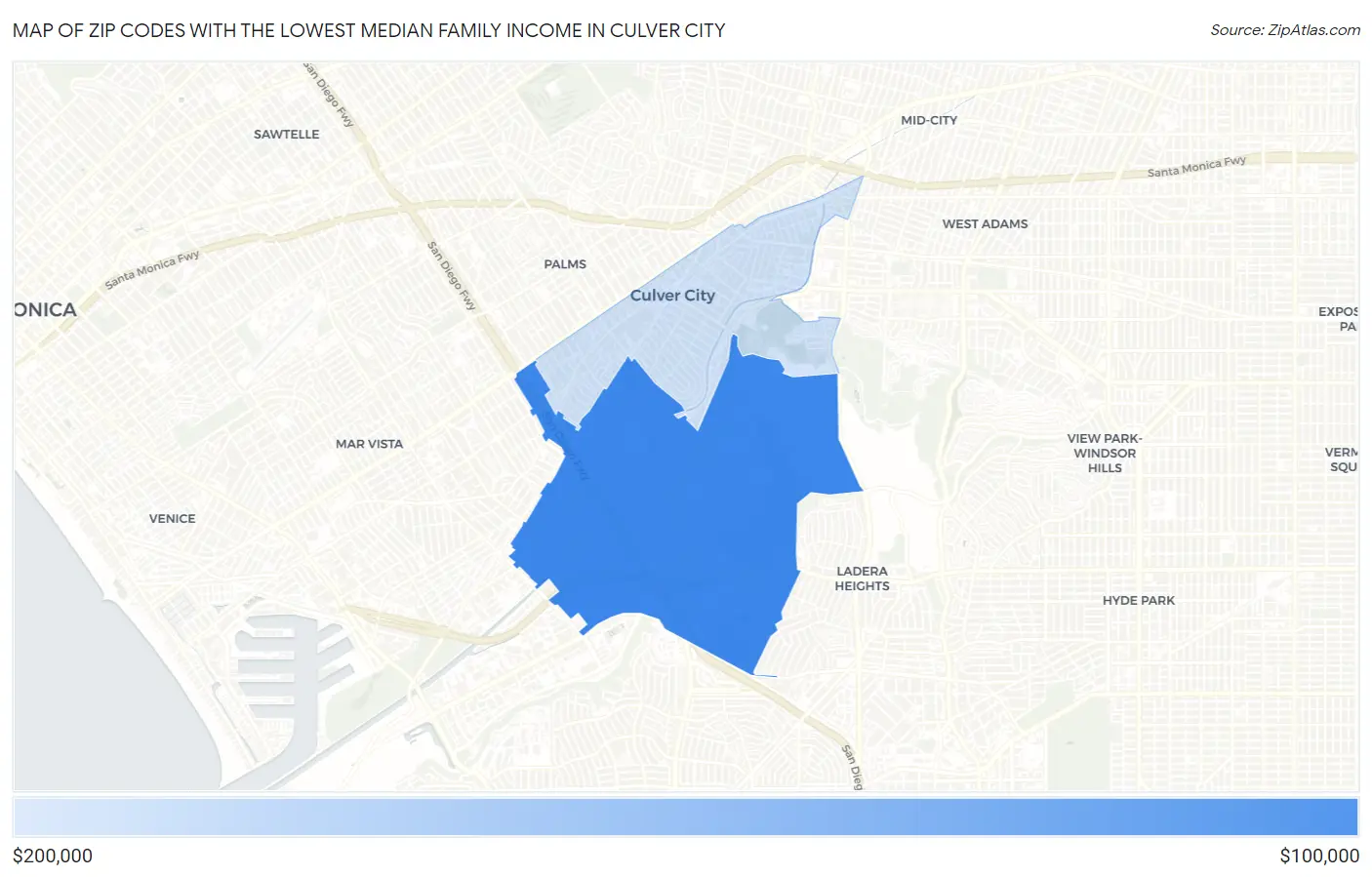 Zip Codes with the Lowest Median Family Income in Culver City Map