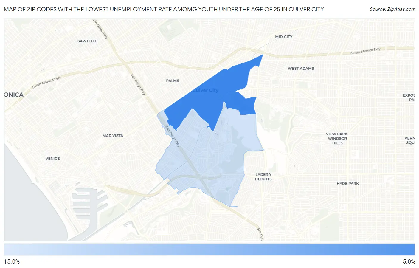 Zip Codes with the Lowest Unemployment Rate Amomg Youth Under the Age of 25 in Culver City Map